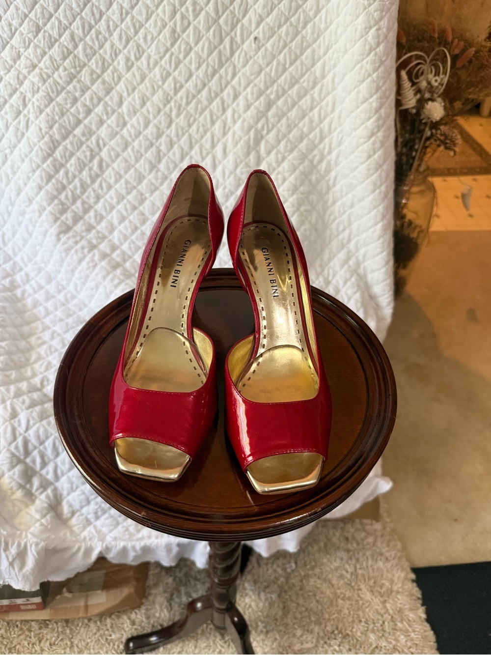 Gianni Bini Red Patent Peep-Toe Pumps with Gold Accents